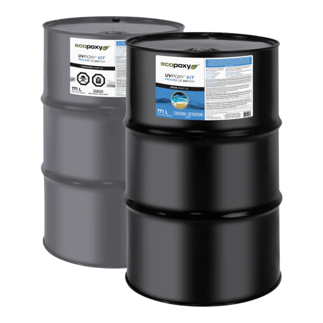 Large IBC tote containers of Ecopoxy UVPoxy Epoxy Coating for Woodworkers & Artists for high-volume epoxy coating operations