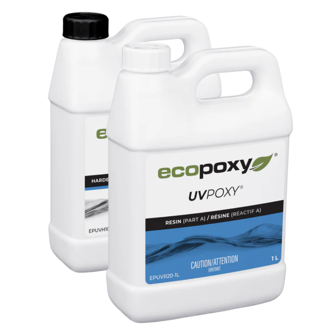 Large container kit of Ecopoxy UVPoxy Epoxy Coating for Woodworkers & Artists for professional resin coating work.