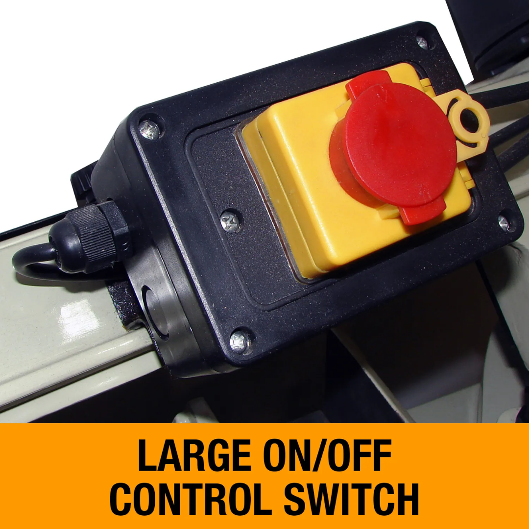 Large emergency on/off control switch on the Baileigh Portable Metal Cutting Band Saw - BS-128M 1001095 for convenient and safe machine operation.