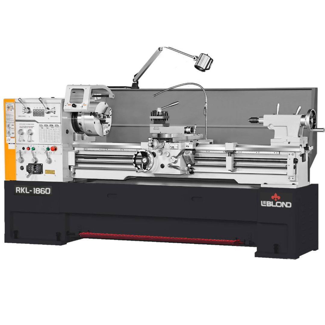 LeBlond RKL1800G Series Geared Head High Speed Heavy Duty Lathe with precision chuck, manual control panel, carriage assembly, and rigid industrial bed for metal turning applications