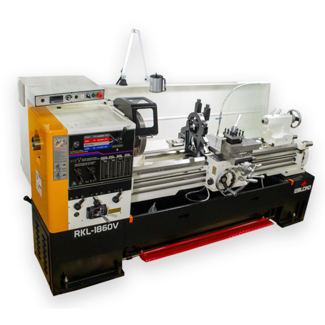 LeBlond RKL1800V Series Variable Speed Lathe with Electronic Control featuring digital RPM display, precision chuck, carriage assembly, and heavy-duty industrial bed for advanced metalworking operations