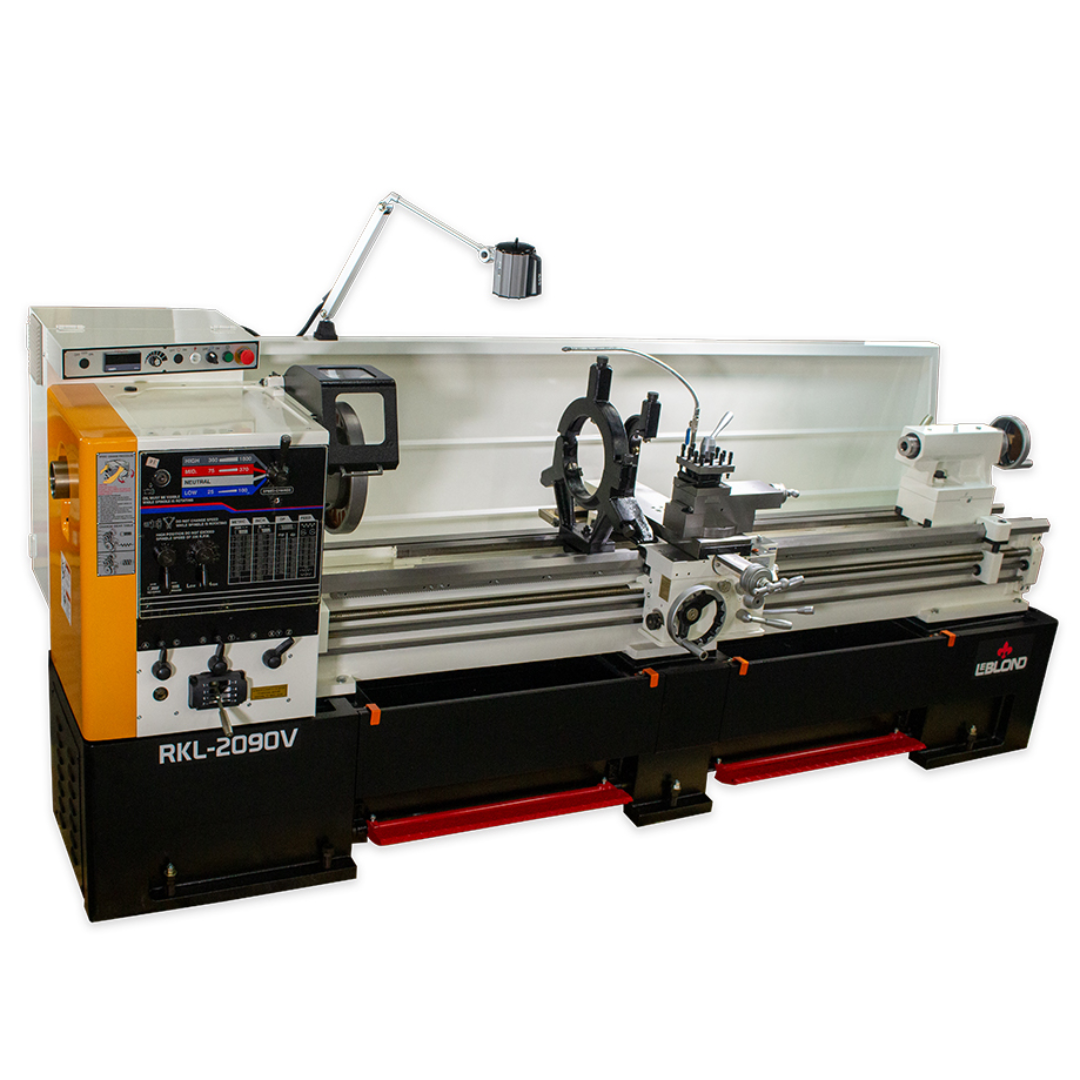LeBlond RKL2000V Series Variable Speed Lathe with Electronic Control featuring digital RPM display, precision chuck, steady rest, carriage assembly, and heavy-duty industrial bed for large-scale metal turning applications