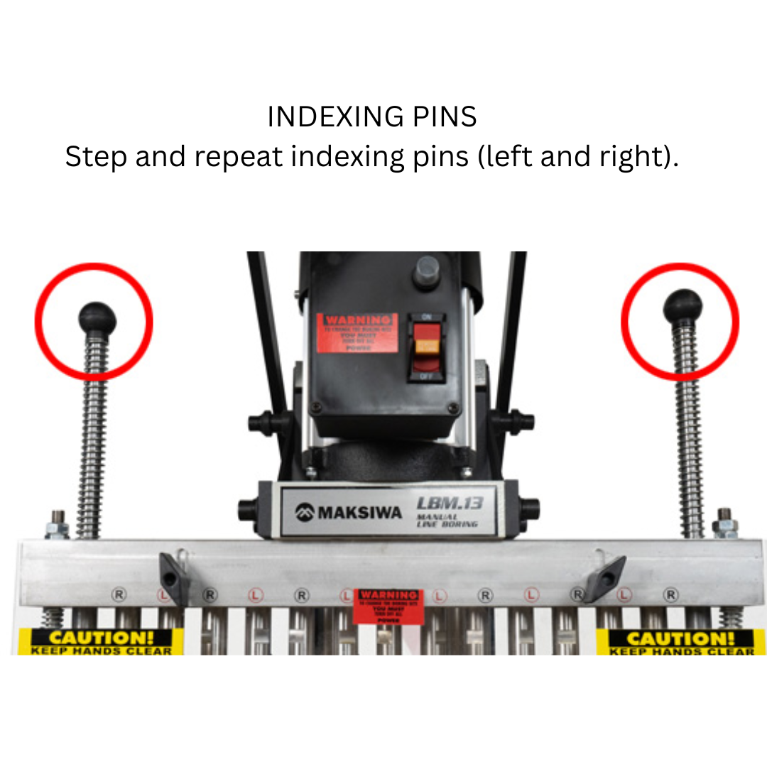 Left and right indexing pins on Maksiwa Line Boring 13 Spindle Manual line boring machine