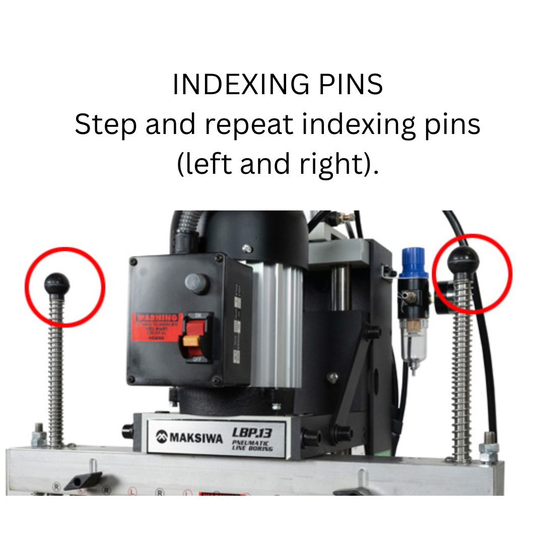 Left and right indexing pins on Maksiwa LINE BORING PNEUMATIC 13 SPINDLE LINE 1 PH line boring machine