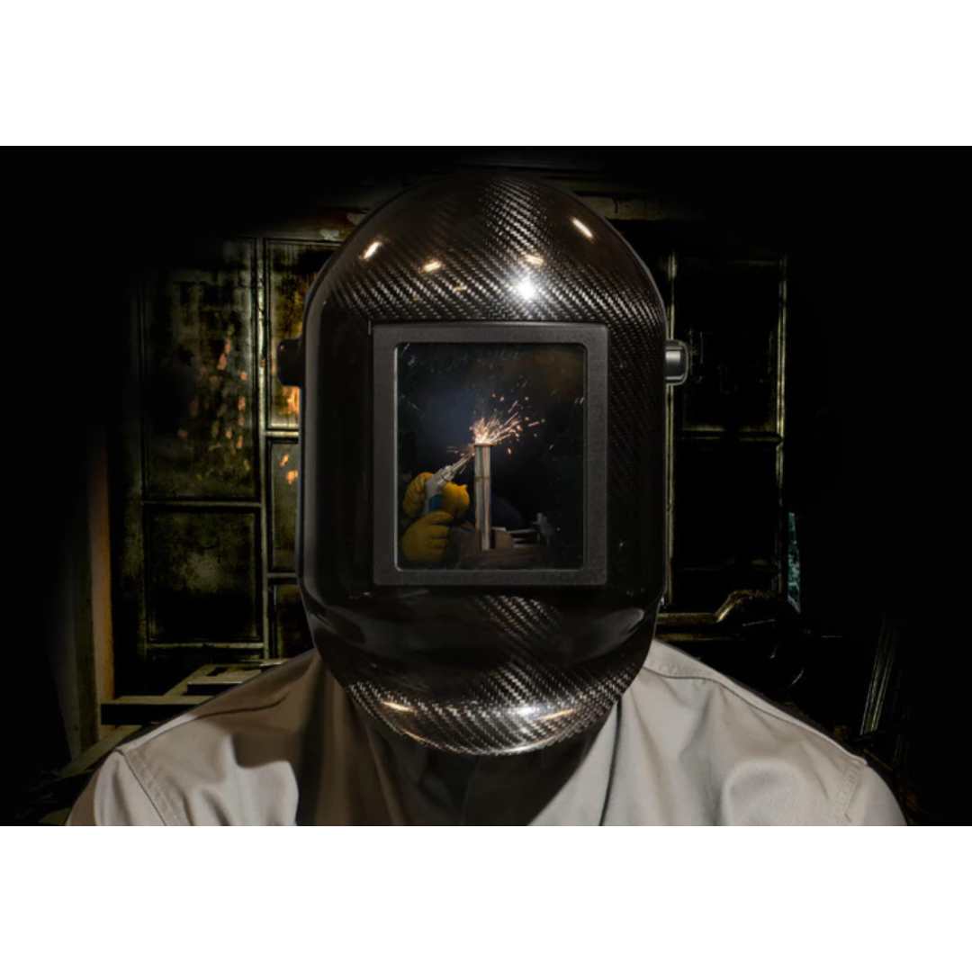 LightWELD Carbon Fiber Laser Welding Helmet CLWH-100 in use providing full-face protection during laser welding operations