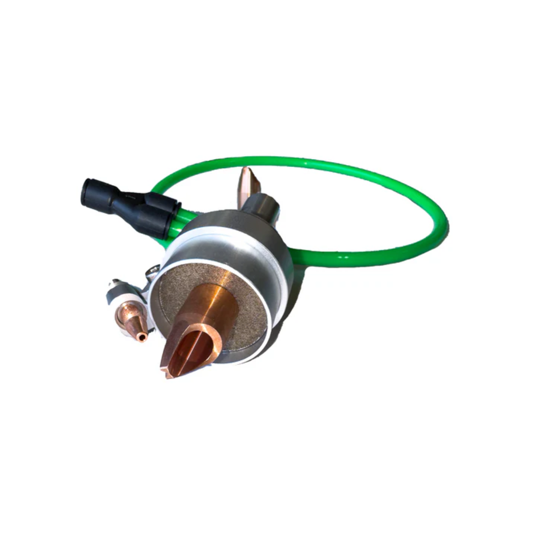 LightWELD Gas Diffuser Lens Assembly CEU00005459XXXXU angled view showing nozzle tip and green gas hose connection