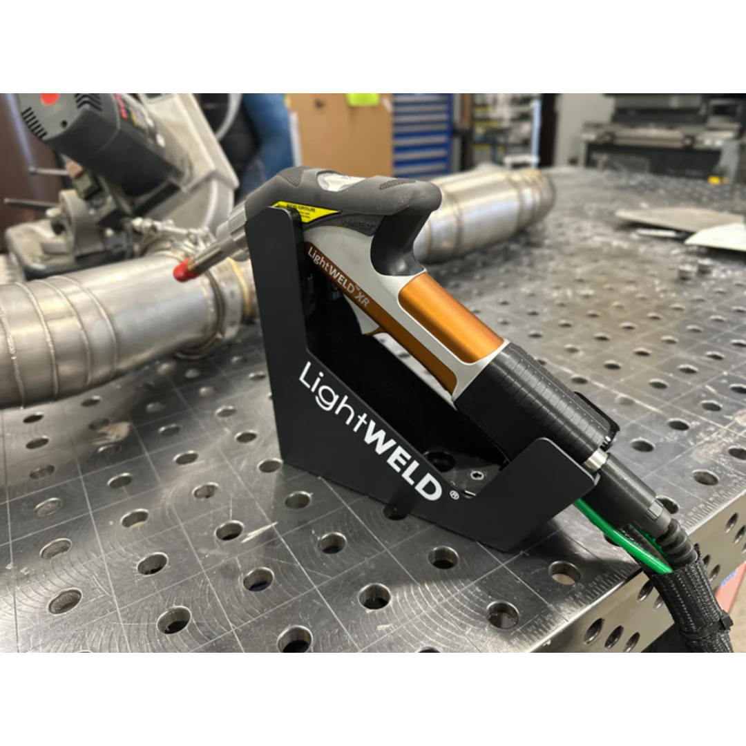 LightWELD Gun Holder / Welding Head Cradle CEU00004070XXXXU in use securing welding head during fabrication operations to prevent damage