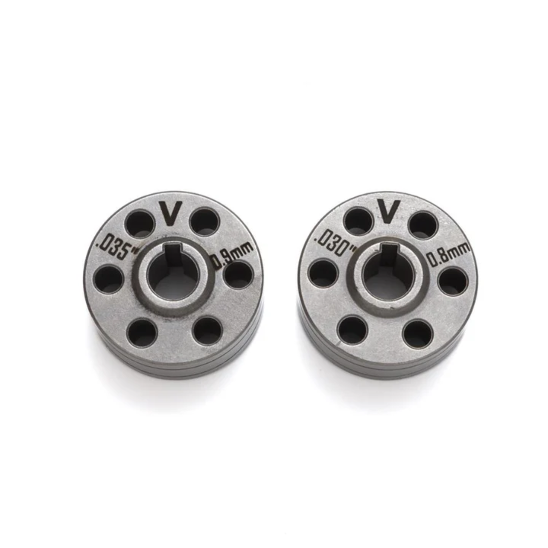 LightWELD V-Groove Drive Roll, 0.8 mm - 1.1 mm - WF-007A CMMIXXX0002838PX precision V-groove wire feed rollers with engraved 0.8 mm and 0.9 mm sizing

LightWELD V-Groove Drive Roll, 0.8 mm - 1.1 mm - WF-007A CMMIXXX0002838PX industrial dual-size drive rolls with V-groove profile and multi-hole balanced design