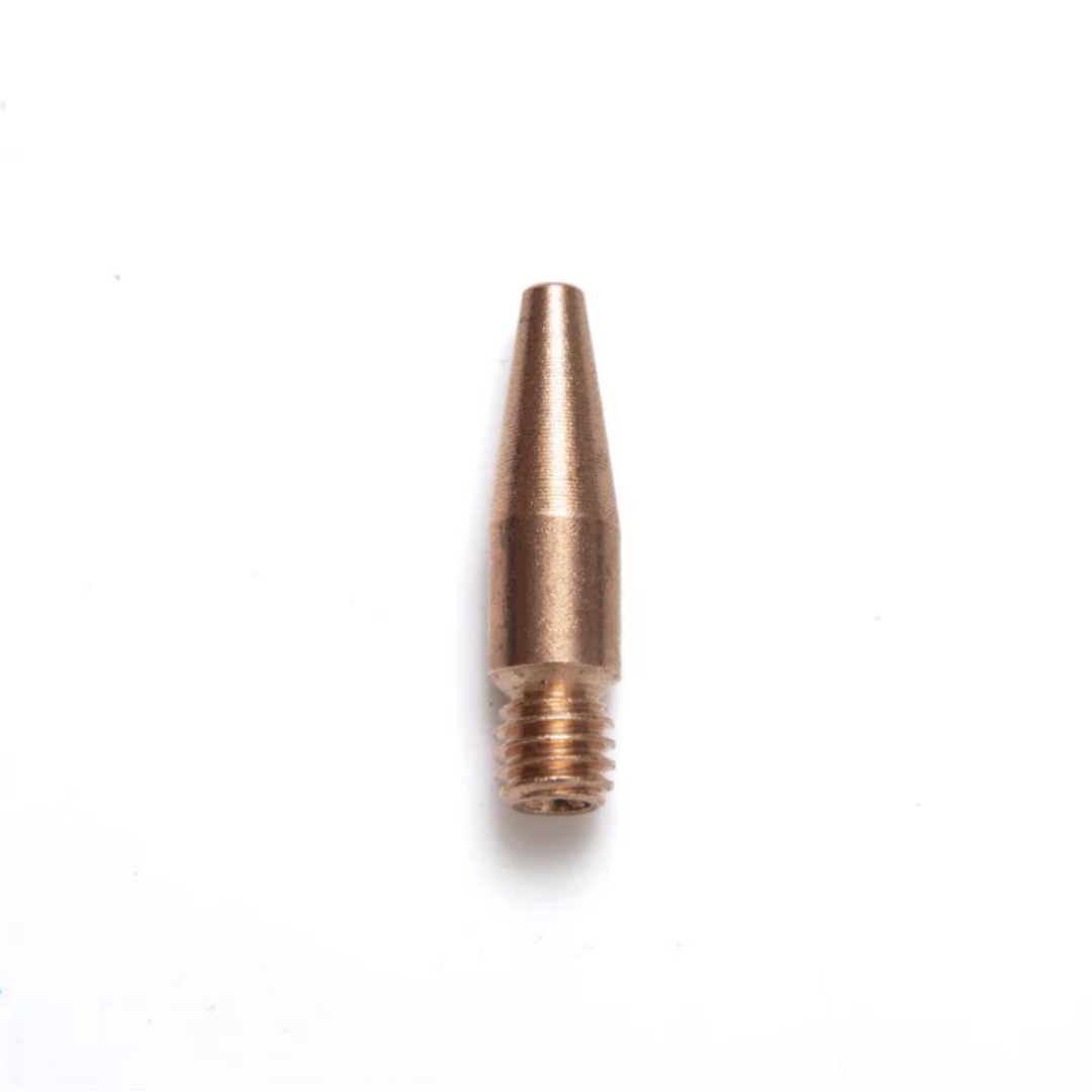 LightWELD Wire Feed Contact Tip front view showing tapered nozzle design for stable arc and wire alignment