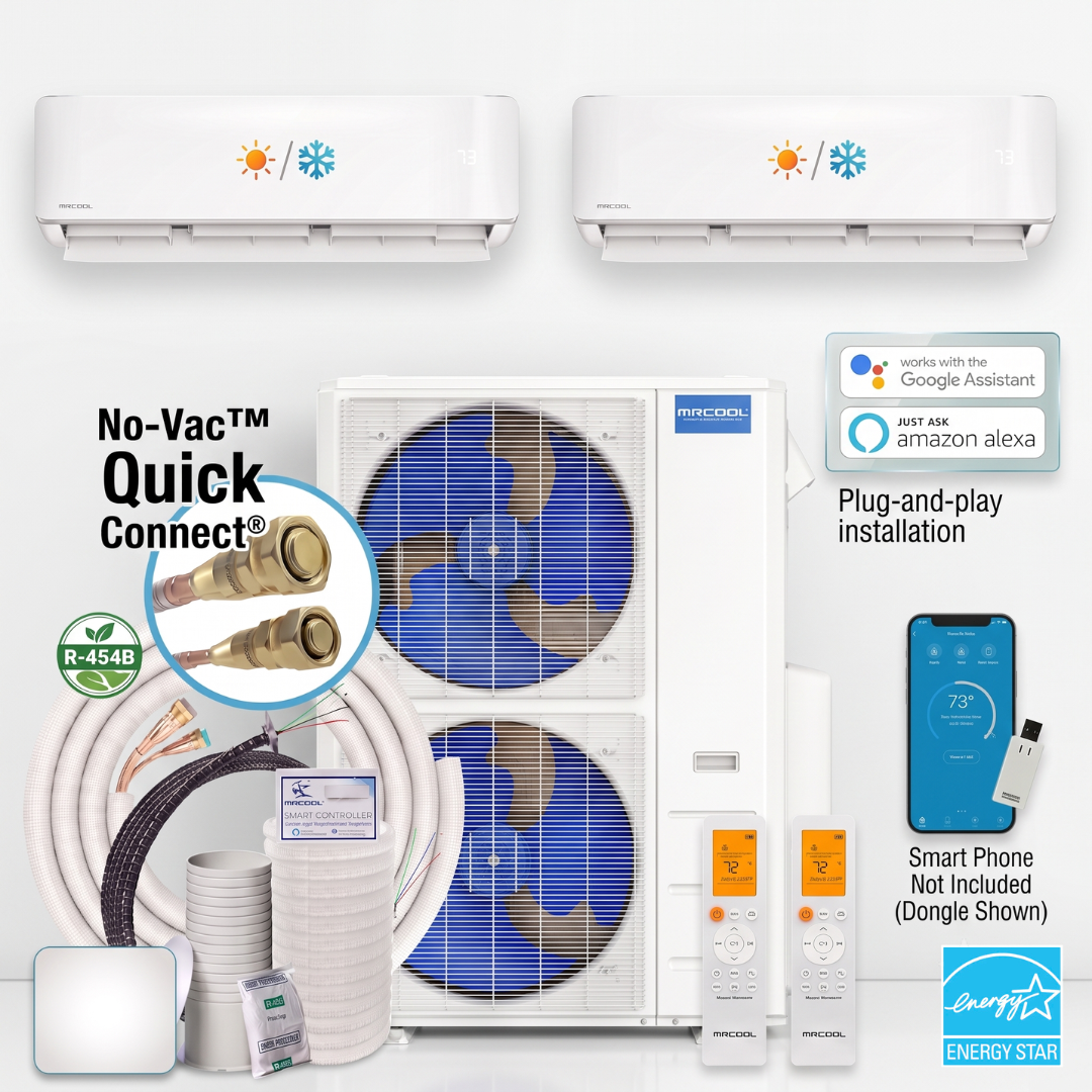 MRCOOL DIY 5th Gen 2-Zone 60,000 BTU Wall Mounted Mini Split Air Conditioner & Heat Pump (24K+36K) full kit  Quick Connect