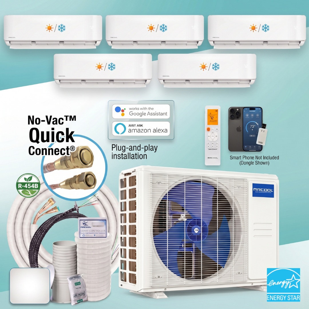 MRCOOL DIY 5th Gen 5-Zone 33,000 BTU Ductless Mini Split Air Conditioner & Heat Pump with Pre-Charged Line Sets (6K+6K+6K+6K+9K), DIYM536HP0606060609 5 Zone No Vac Quick connect