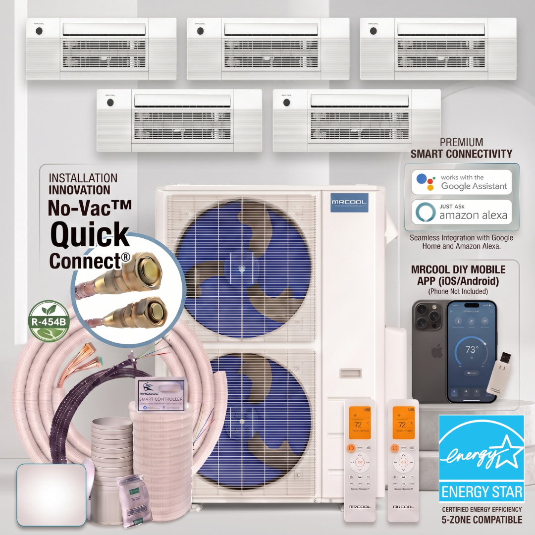 MRCOOL DIY 5th Gen 5-Zone 45,000 BTU Ceiling Cassette Ductless Mini Split Air Conditioner & Heat Pump with Pre-Charged Line Sets (9K+9K+9K+9K+9K), DIYM548HPC0909090909 No Vac Quick connect