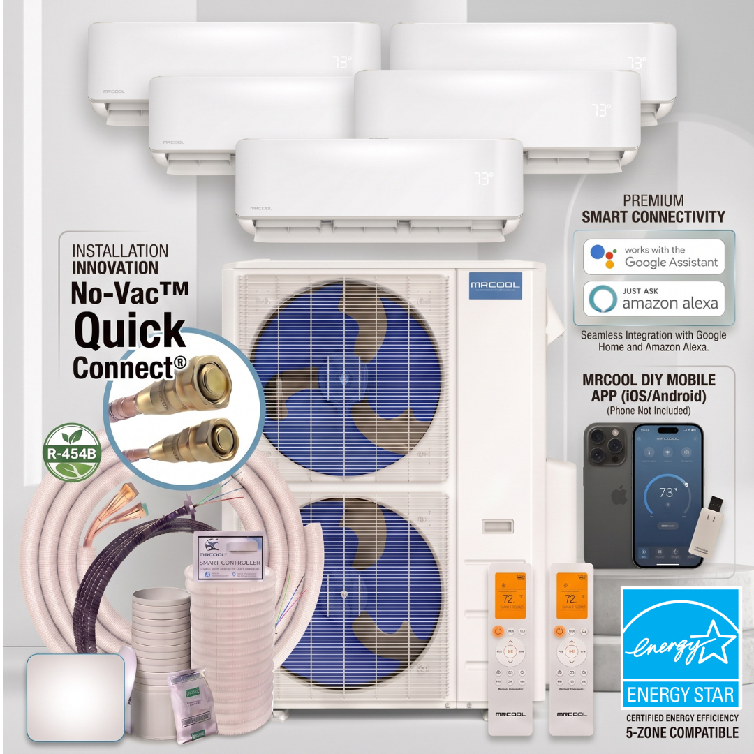 MRCOOL DIY 5th Gen 5-Zone 54,000 BTU Ductless Mini Split Air Conditioner & Heat Pump with Pre-Charged Line Sets (9K+9K+9K+9K+18K), DIYM555HP0909091818 No Vac Quick connect