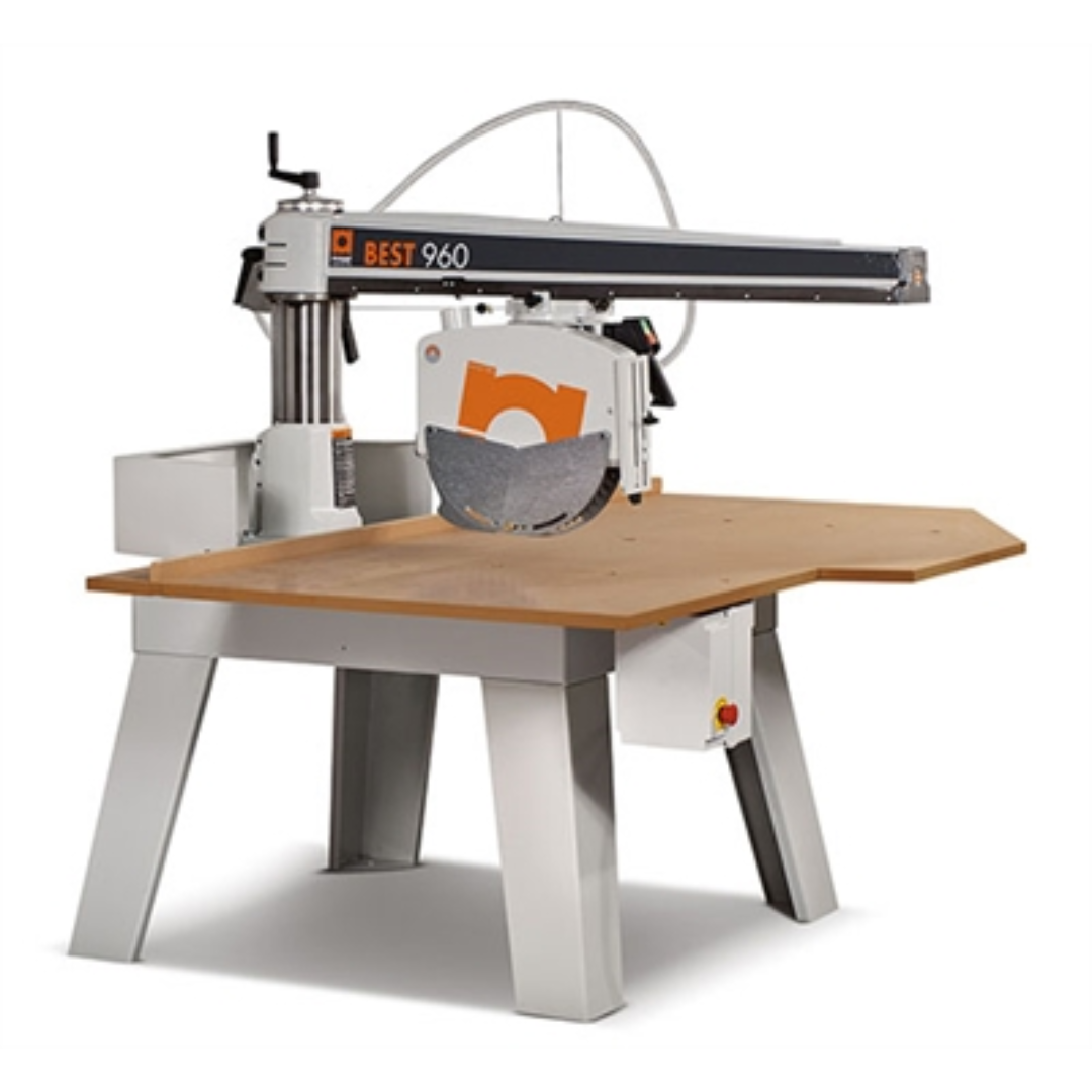 Maggi Best 960CE Radial Arm Saw MAG-BEST960CE industrial radial arm saw with extended arm reach, precision cutting blade, and large worktable