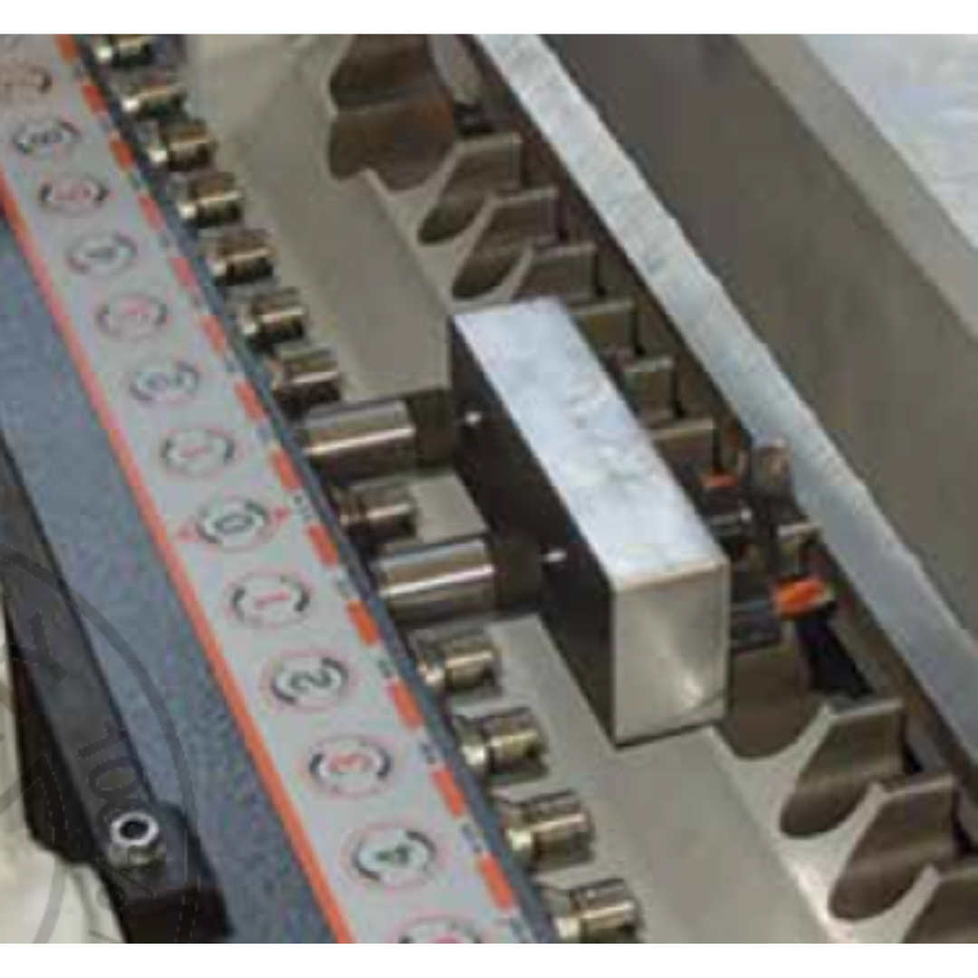 Maggi Hinge Boring Head - BLUM 00008392 installed view showing multi-spindle boring head aligned on drilling machine for hinge placement