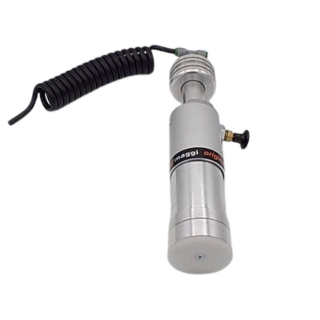 Maggi Holddown Clamp Cylinder Assembly 29971019 pneumatic clamp cylinder with coiled air hose and precision-machined aluminum body for industrial hold-down applications