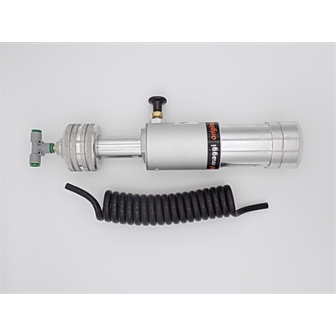 Maggi Holddown Clamp Cylinder Assembly 29971019 side view showing cylinder housing, air connection, and mounting components for secure workpiece clamping