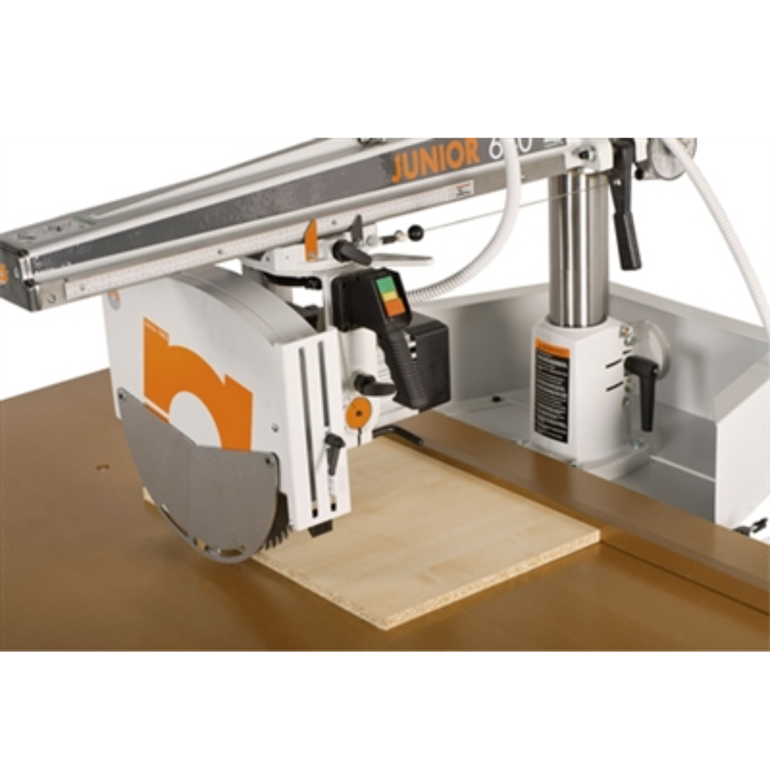Maggi Junior 640CE Radial Arm Saw MAG-JUNIOR640 side view highlighting extended arm reach and cutting capacity