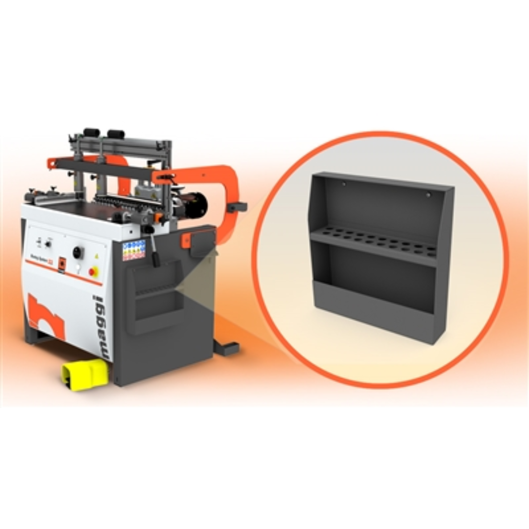 Maggi Tool Tray System 21, 23, 29, 35 26000014 machine-mounted tool tray with divided compartments for organized storage of drilling tools and accessories

Maggi Tool Tray System 21, 23, 29, 35 26000014 close-up view showing durable metal tray with multiple slots for holding bits and tooling components