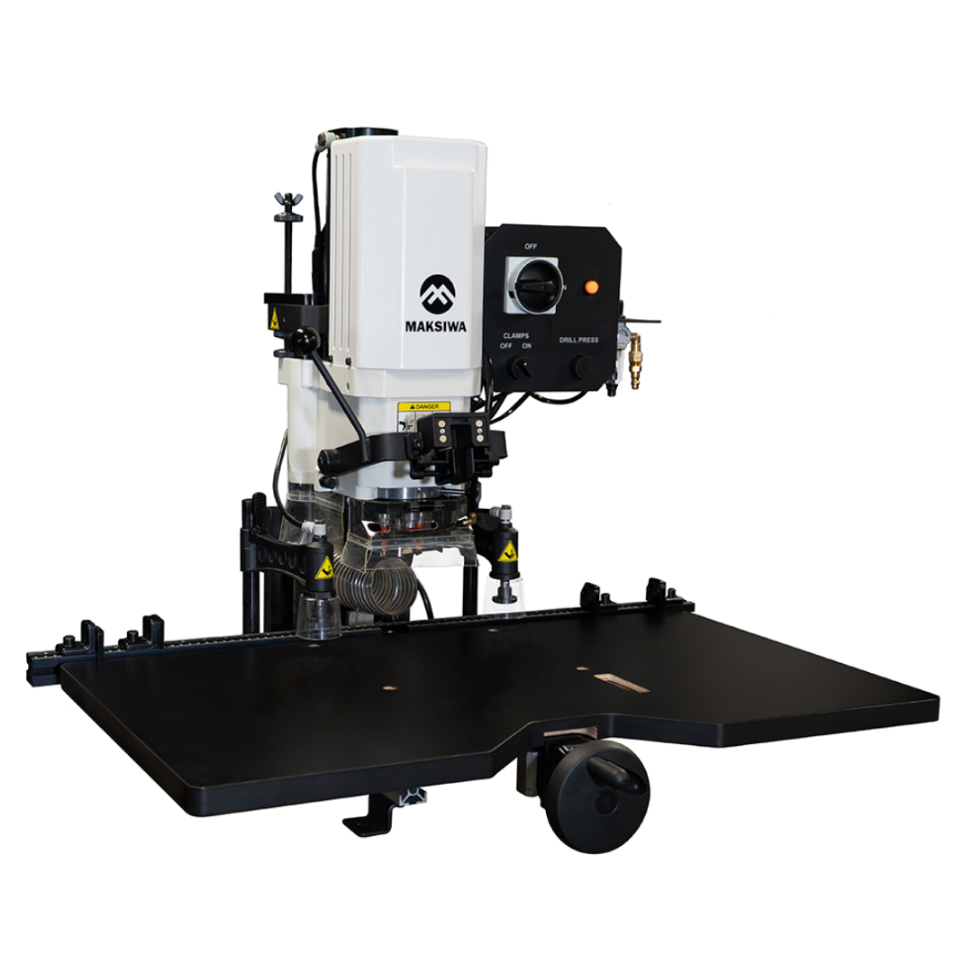 Maksiwa HBM-1000 industrial edge banding machine with integrated control unit mounted on a black mobile base