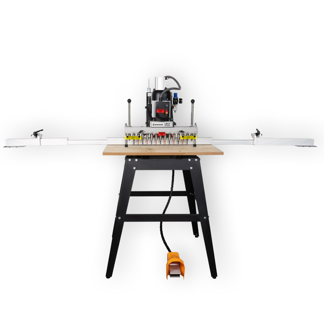 Maksiwa LINE BORING PNEUMATIC 13 SPINDLE LINE 1 PH woodworking line boring machine mounted on a sturdy work table