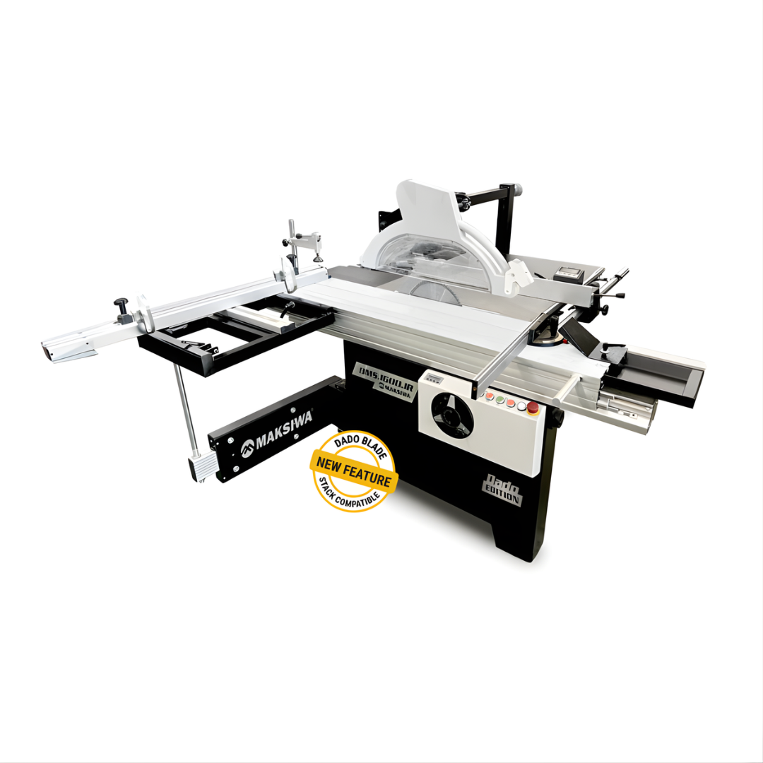 Maksiwa BMS.1600.IR sliding table saw overview with aluminum sliding table an drip fence