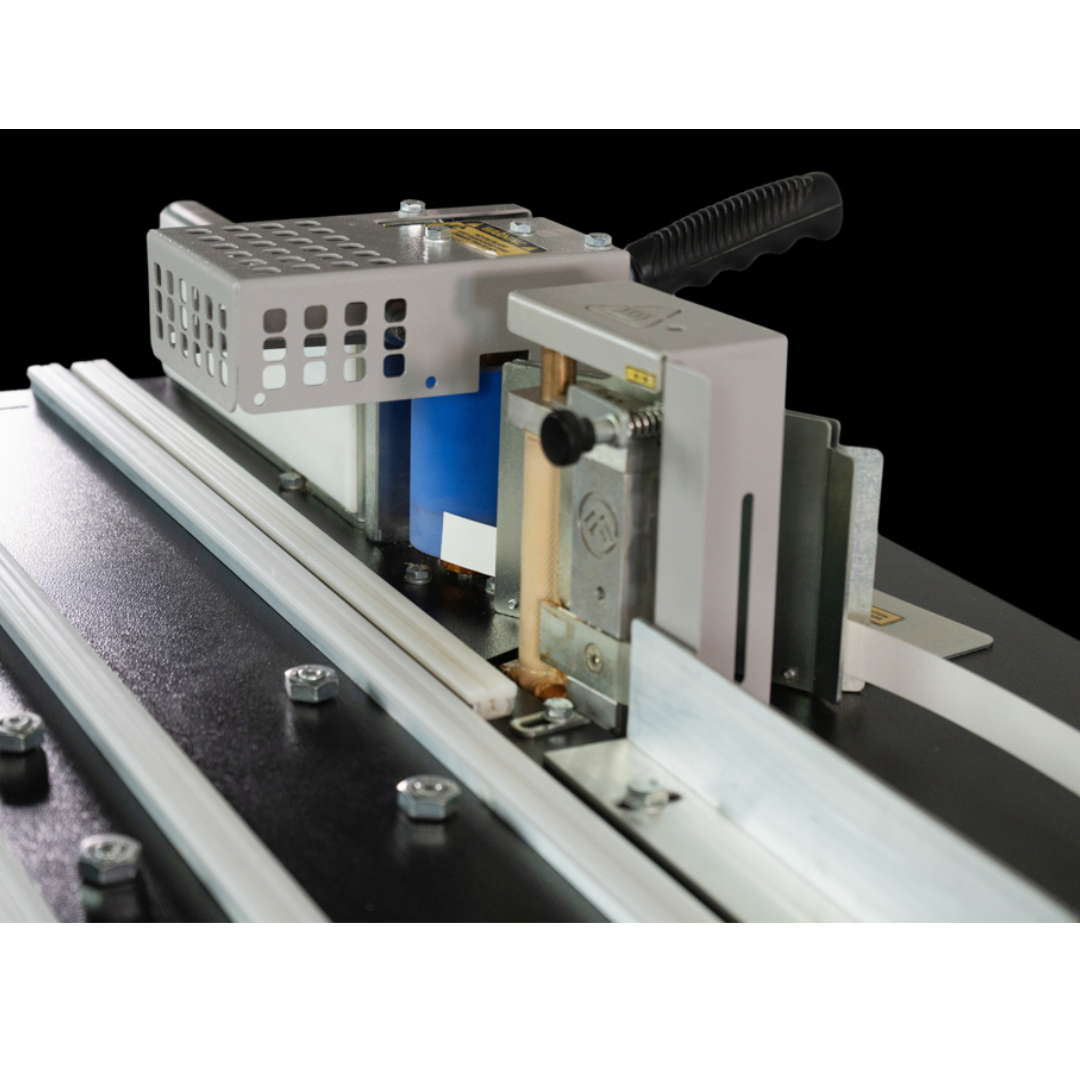 Maksiwa CBC.E Portable Edgebander in operation on wood board, machine side view