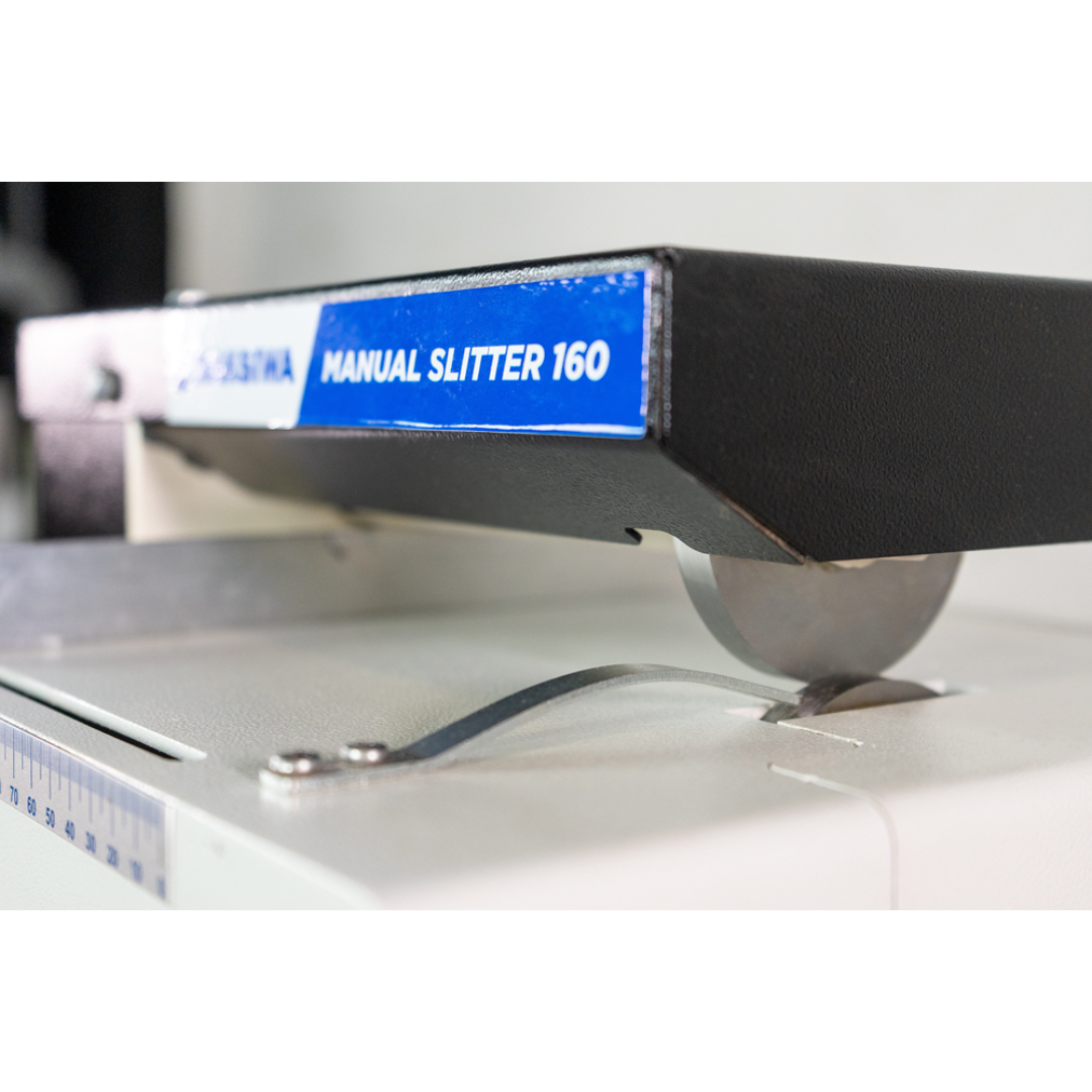 Maksiwa F.160 manual slitter angled view highlighting compact footprint and heavy-duty industrial build