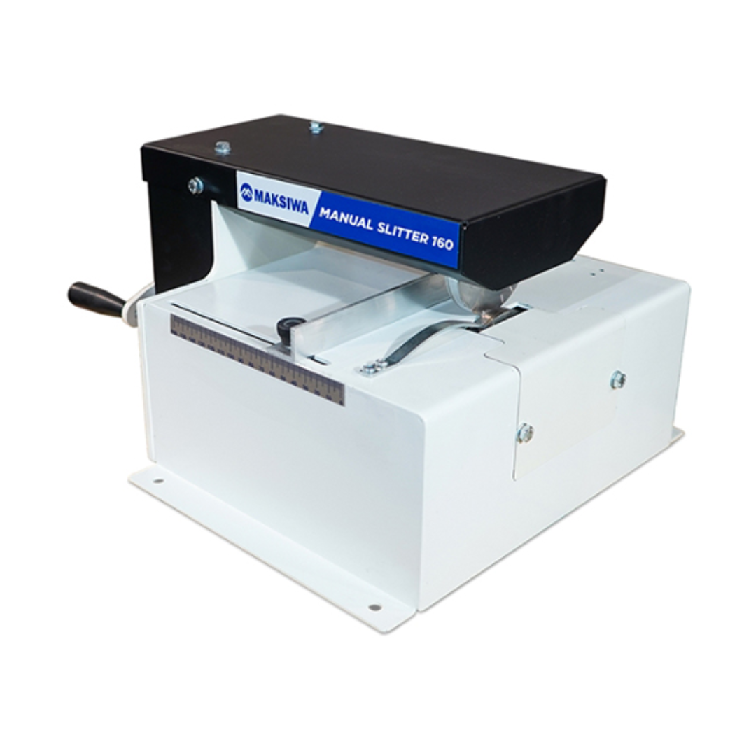 Maksiwa F.160 manual slitter with heavy-duty steel construction, precision cutting system, and compact industrial slitting design