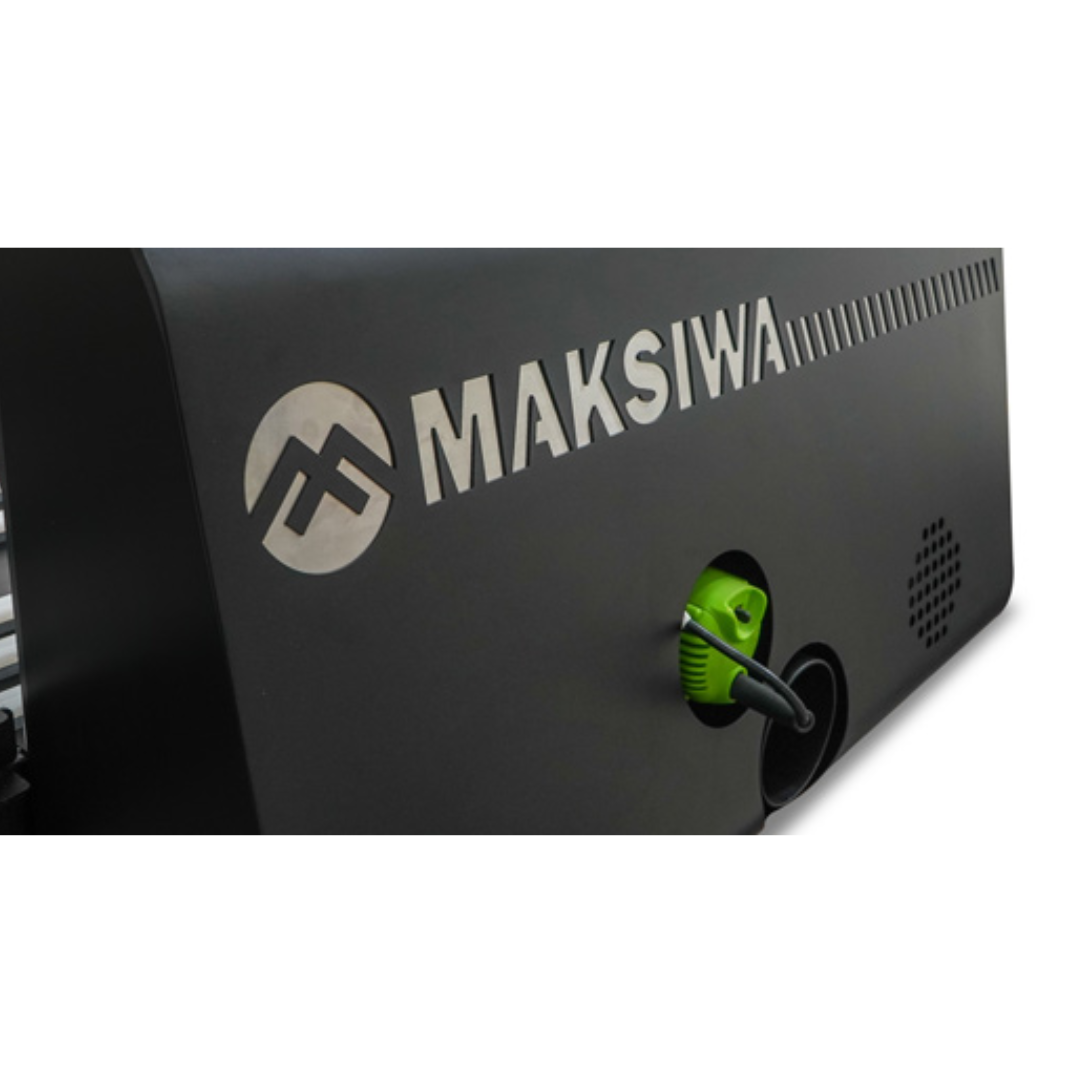 Maksiwa RBB.4G Edge Trimmer Machine branded side cover with Maksiwa logo and adjustment control knob close-up