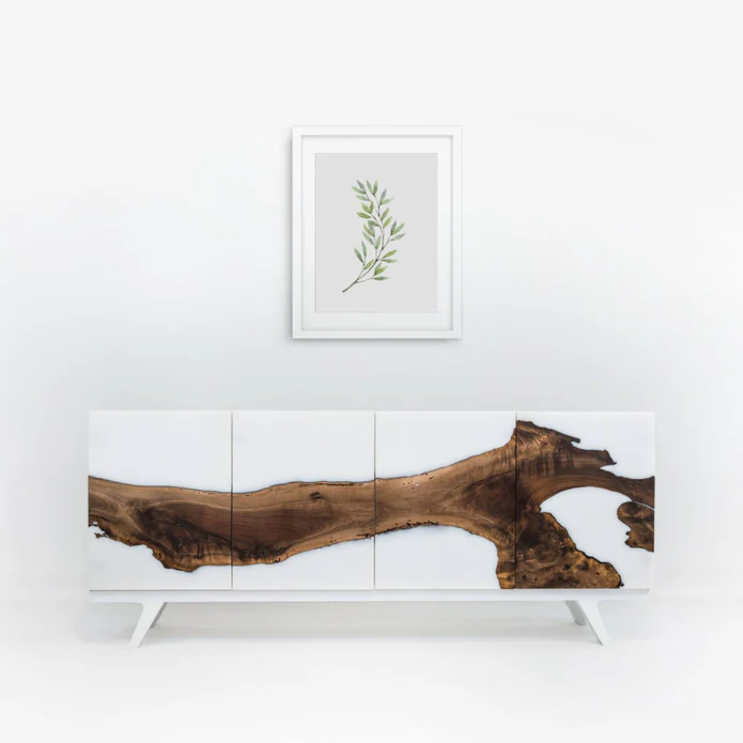 Modern wood furniture piece featuring a white epoxy river made with Ecopoxy SnowWhite EPSWK20‐15L.