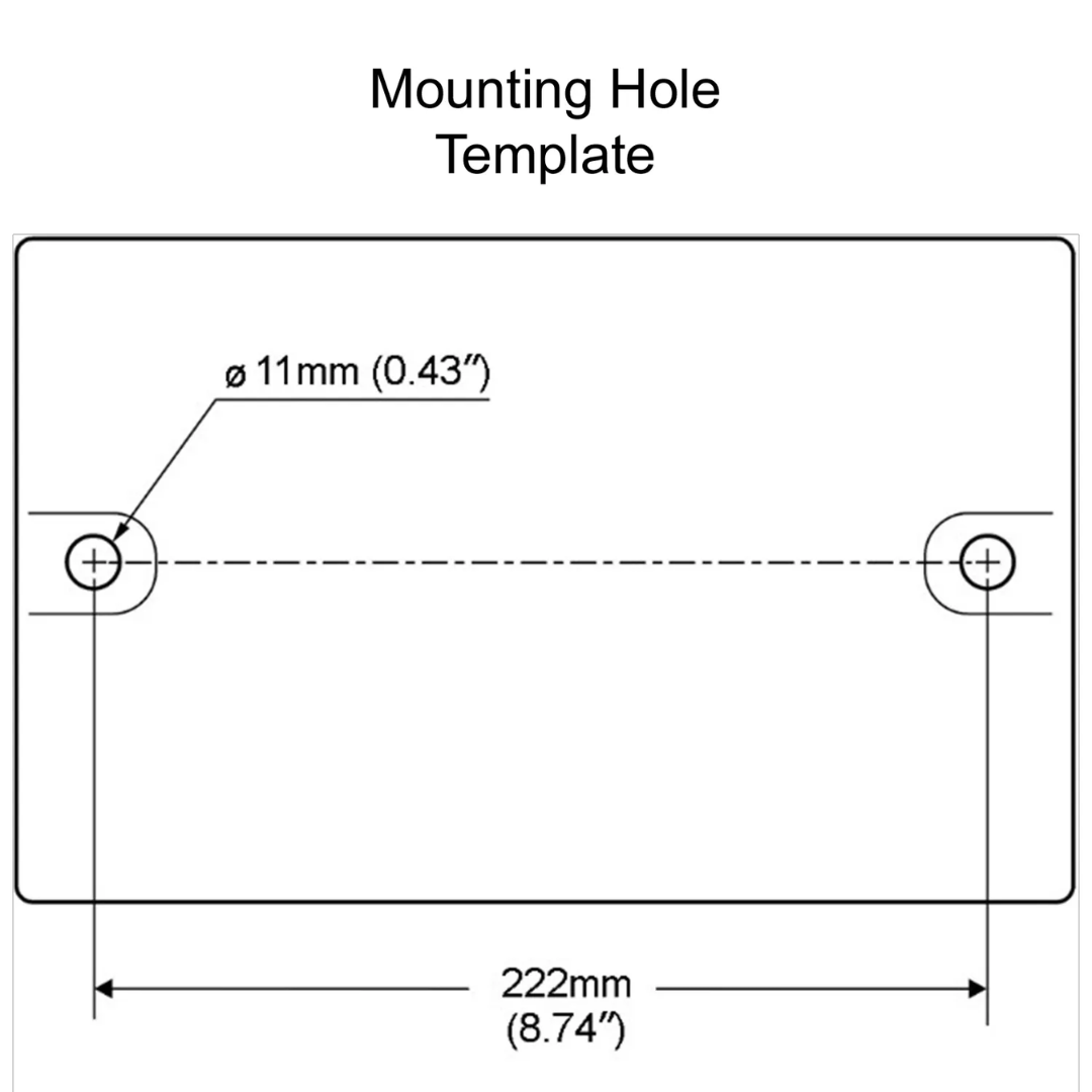 Mounting hole template for the Baileigh 10" Industrial Bench Grinder - (IGB-10) 1227896 showing installation dimensions for secure bench mounting and shop setup.