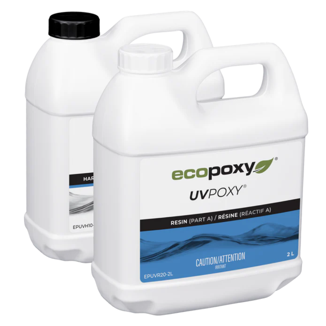 Multiple container sizes of Ecopoxy UVPoxy Epoxy Coating for Woodworkers & Artists for various project scales.