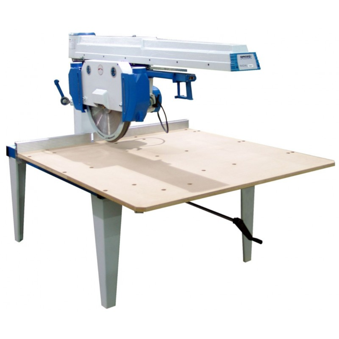 OMGA RADIAL 1250/7 20" Arm Saw mounted on industrial worktable with precision cutting surface and heavy-duty support frame.