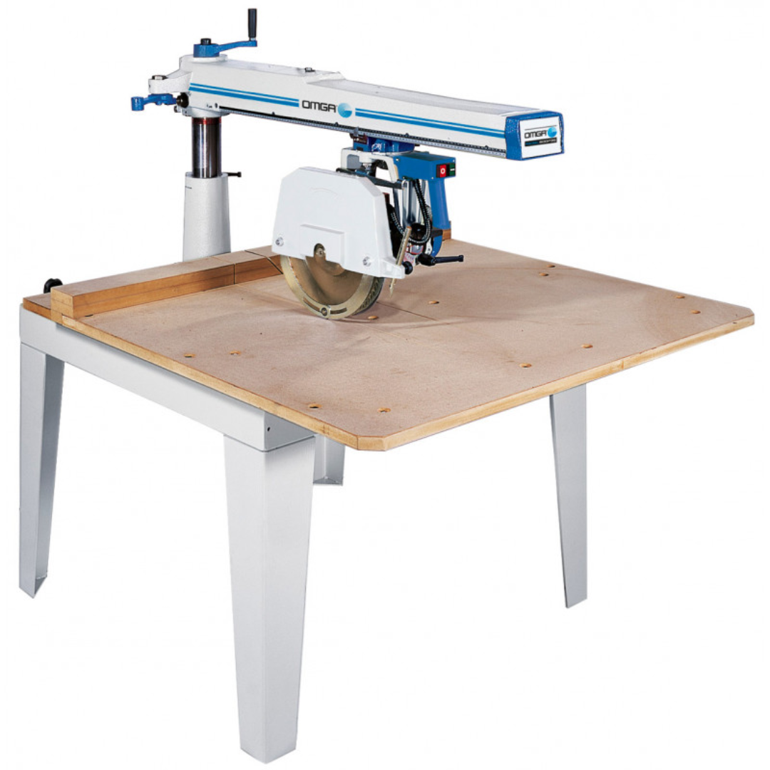 OMGA RADIAL 600 P3S 14" Arm Saw mounted on industrial worktable with precision radial cutting arm and heavy-duty support frame.