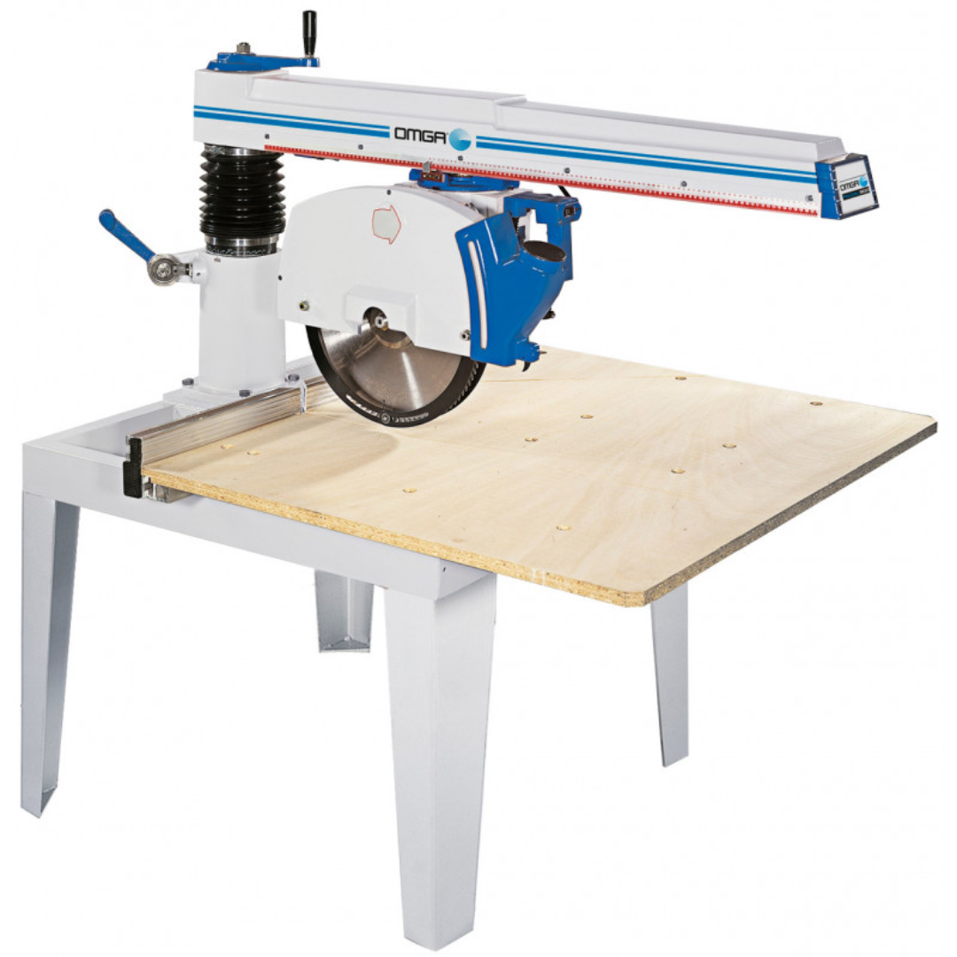 OMGA RADIAL 900/7 18" Arm Saw mounted on industrial worktable with precision radial cutting arm and heavy-duty support base.