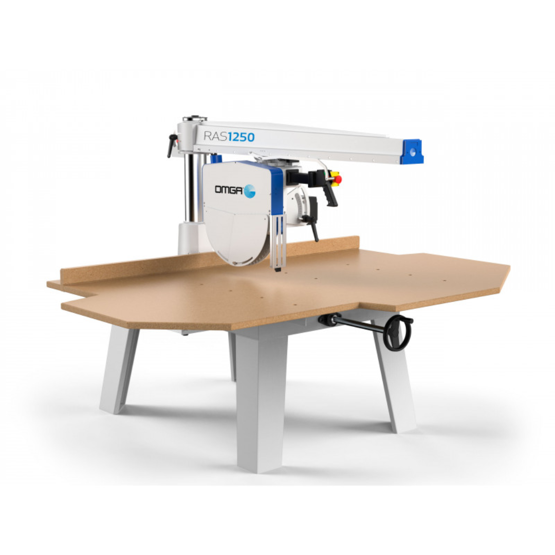 OMGA RAS 1250 20" Radial Arm Saw mounted on industrial support table with precision cross-cutting system and heavy-duty frame.