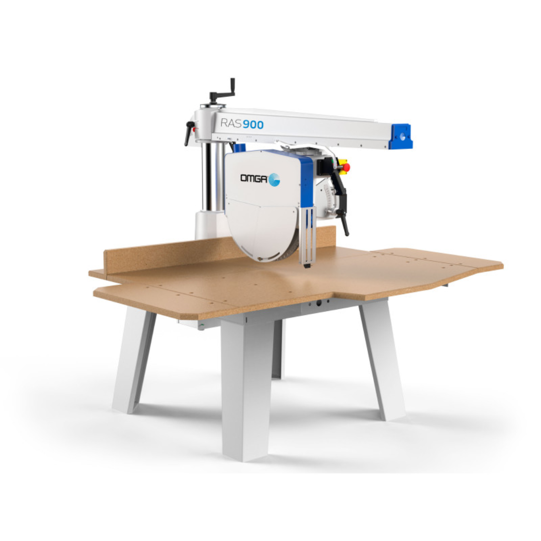 OMGA RAS 900 18" Radial Arm Saw mounted on industrial support table with precision cross-cutting system and heavy-duty woodworking frame.