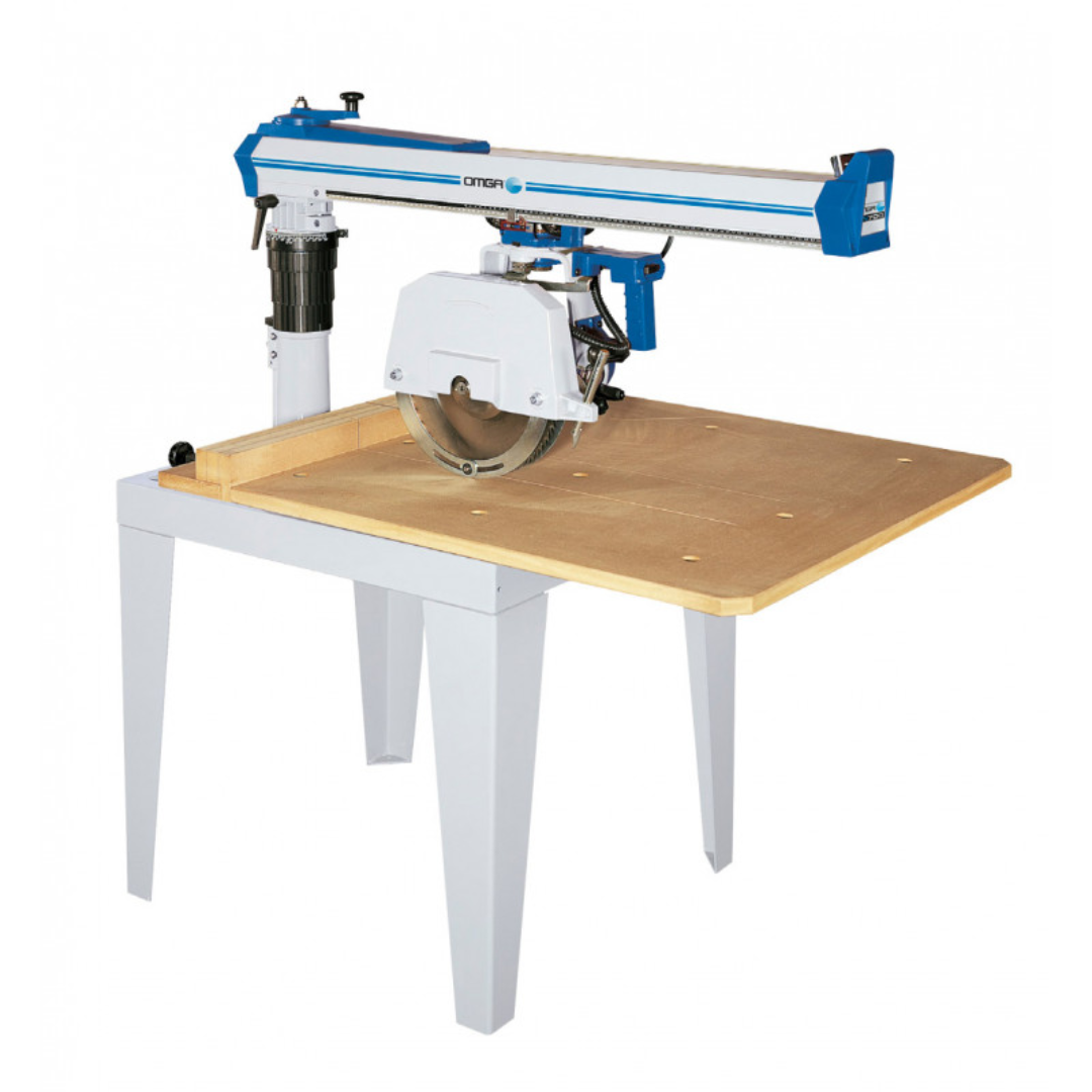 OMGA RN 900 14" Radial Arm Saw mounted on industrial worktable with precision radial cutting arm and heavy-duty woodworking frame.