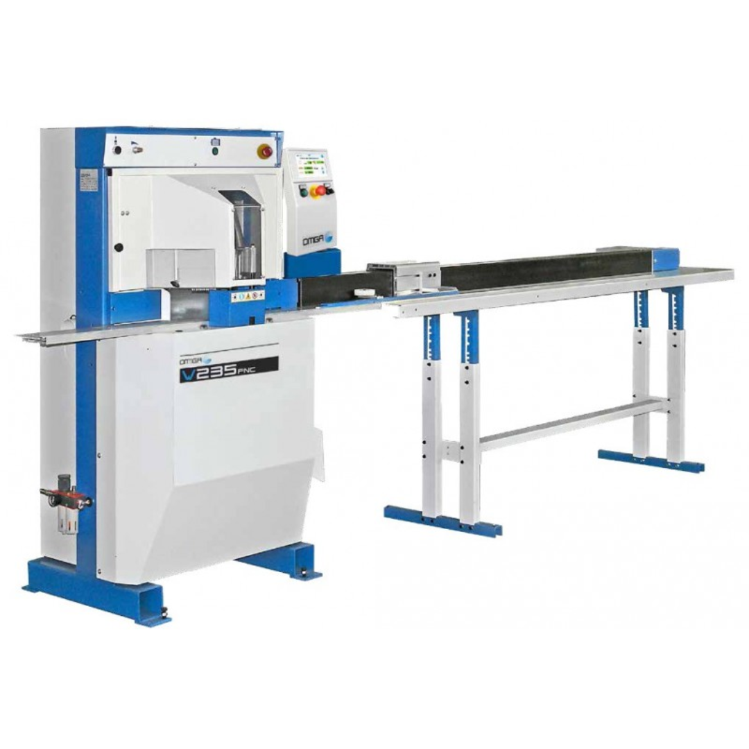 OMGA Stop 10 - LH Programmable Stop/Positioner System integrated with industrial saw equipment for automated production workflows