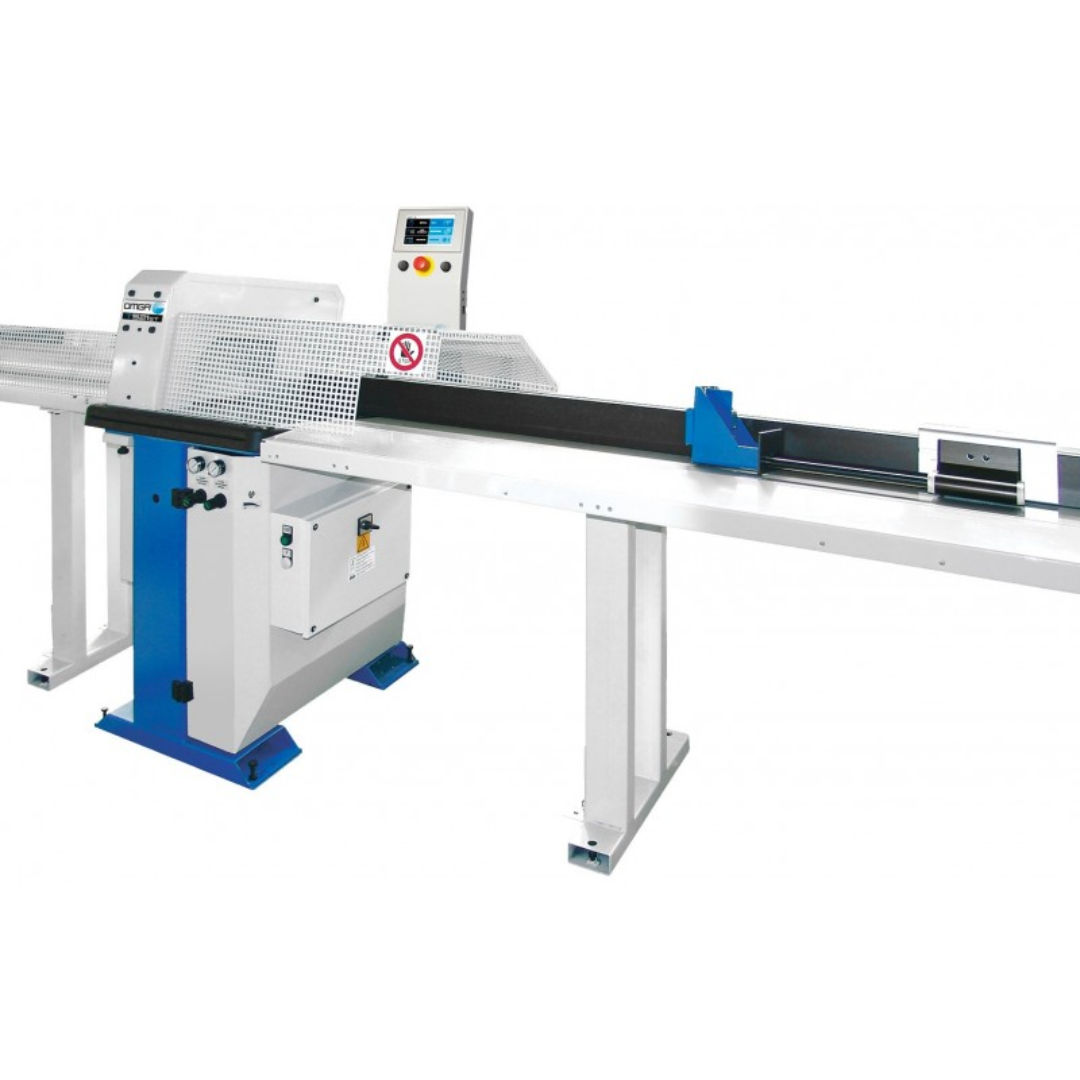 OMGA Stop 6 - LH Programmable Stop/Positioner System connected to industrial cutting machinery for high-accuracy production positioning operations