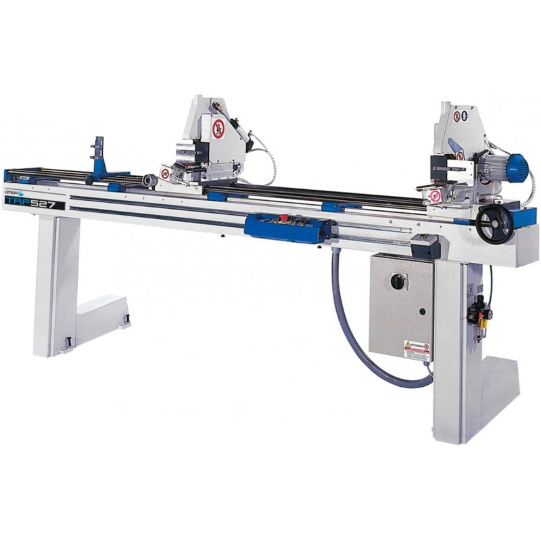 OMGA TRF 527 8.5" Double Mitre Chop Saw with dual cutting heads and precision profile cutting system for glazing bead and aluminum extrusion fabrication.