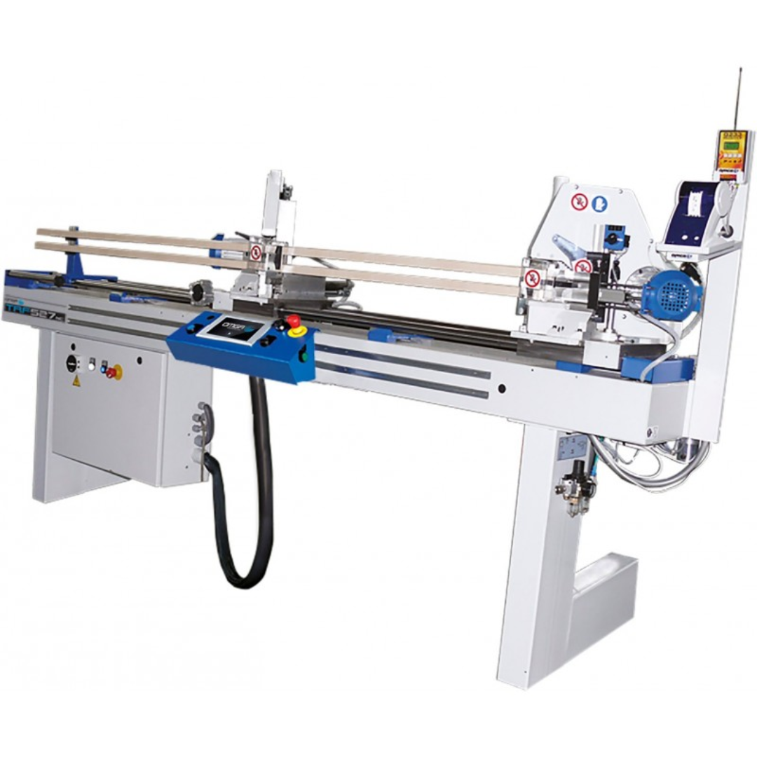 OMGA TRF 527 NC 8.5" Double Mitre Chop Saw with computerized NC positioning system and precision aluminum profile cutting capabilities.