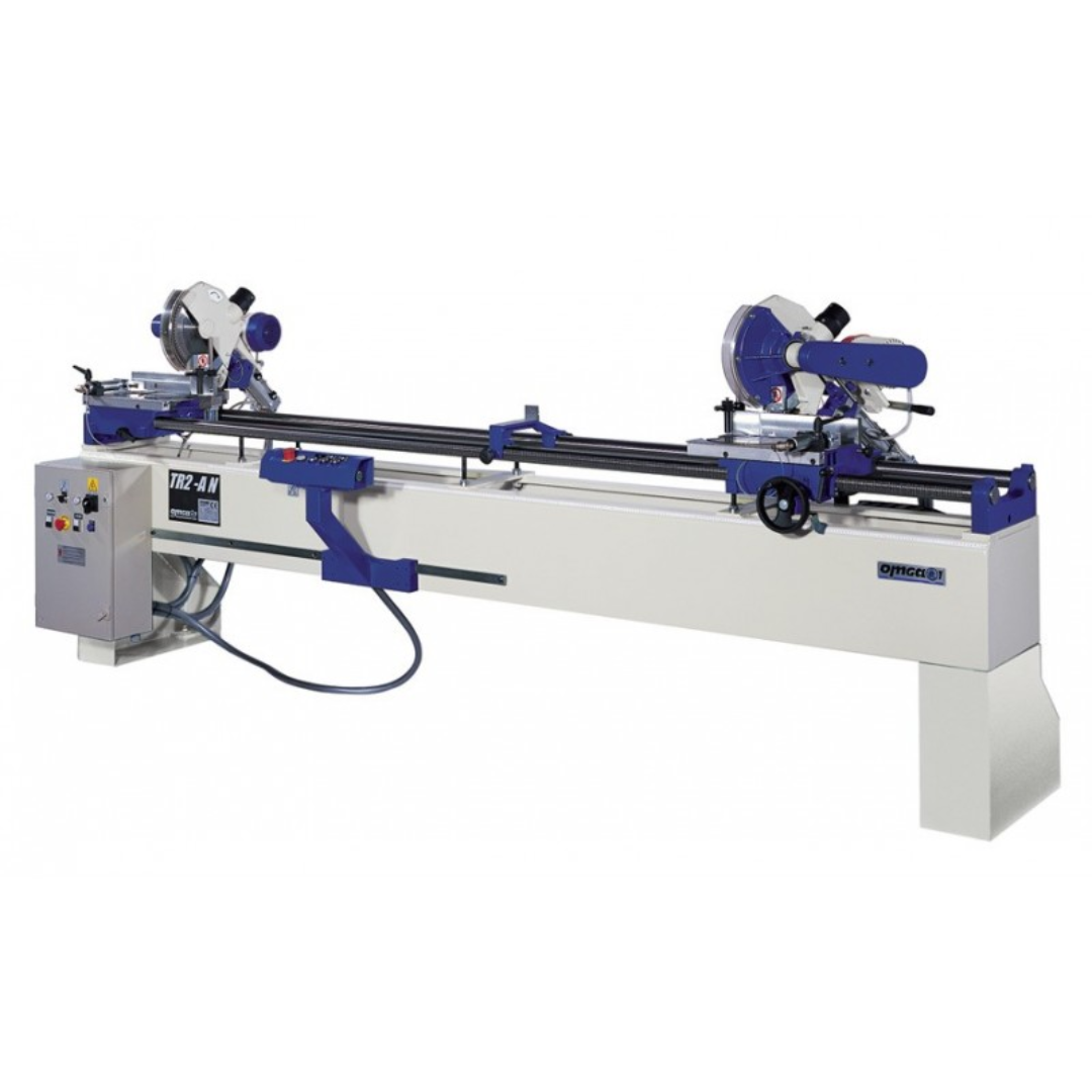 OMGA TR 2A 12" Double Mitre Chop Saw with dual cutting heads and industrial precision profile cutting system for aluminum and PVC fabrication applications.