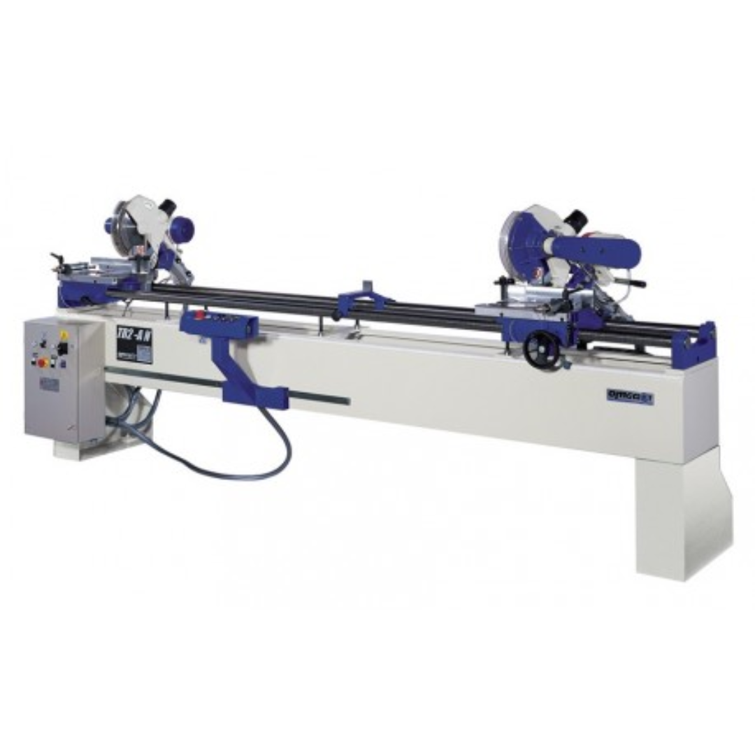 OMGA TR 2A NC 12" Double Mitre Chop Saw with dual cutting heads and computerized NC positioning system for precision aluminum and PVC profile cutting.