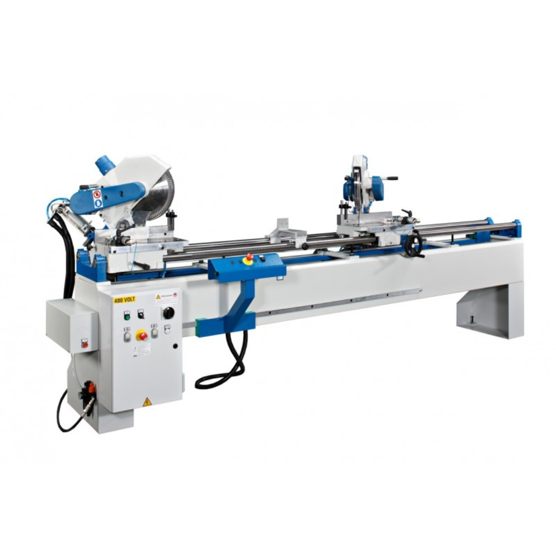 OMGA TR 2B 14" Double Mitre Chop Saw with dual cutting heads and industrial precision profile cutting system for aluminum and PVC fabrication.