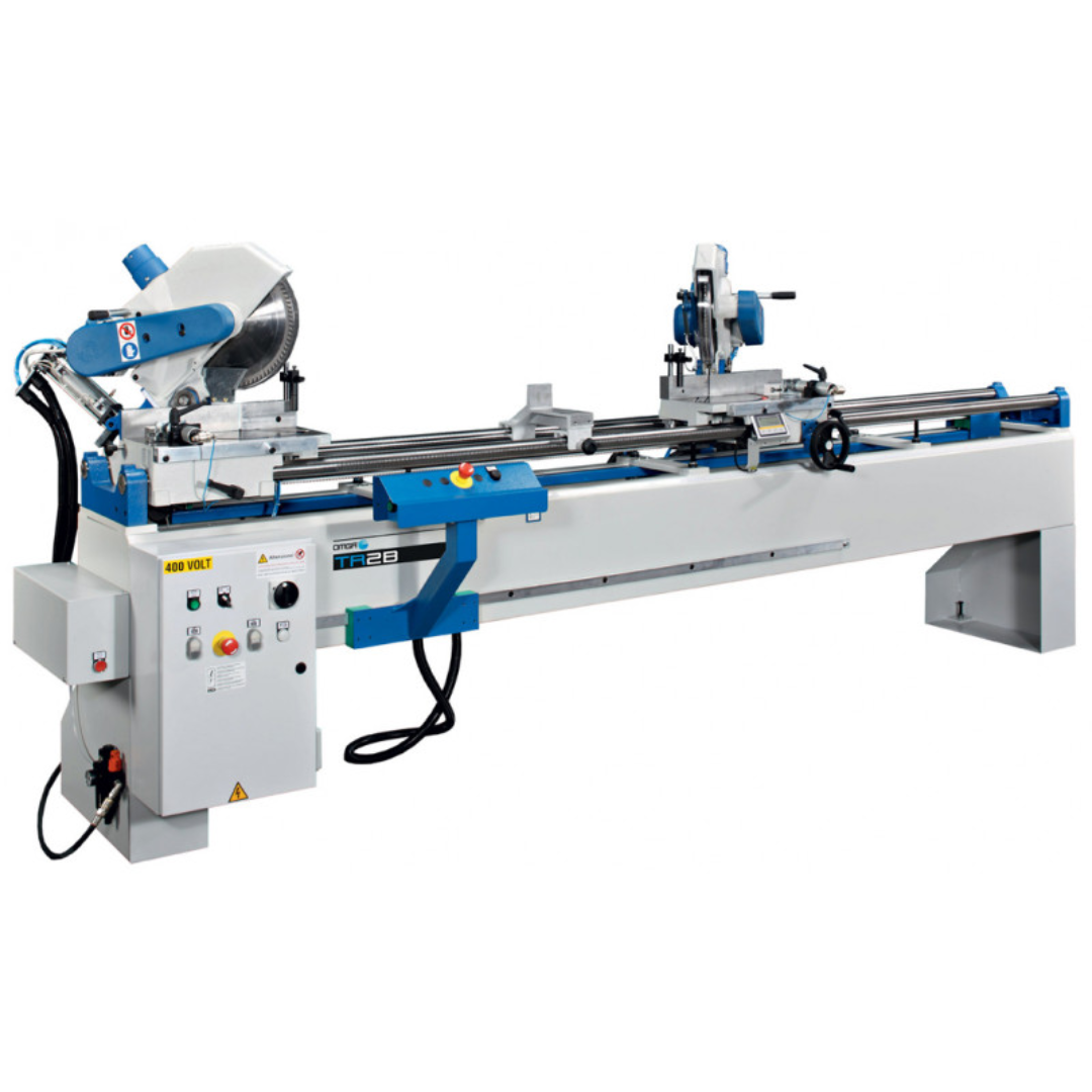 OMGA TR 2B I INT VIS Compound Double Mitre Saw industrial dual-head precision cutting machine with automated profile cutting system and heavy-duty frame construction