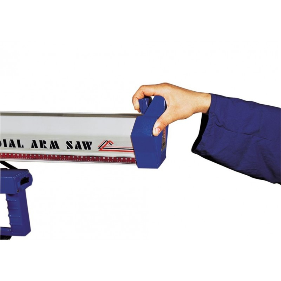 Operator control close-up of OMGA RN 900 14" Radial Arm Saw highlighting ergonomic handle and radial arm positioning system.