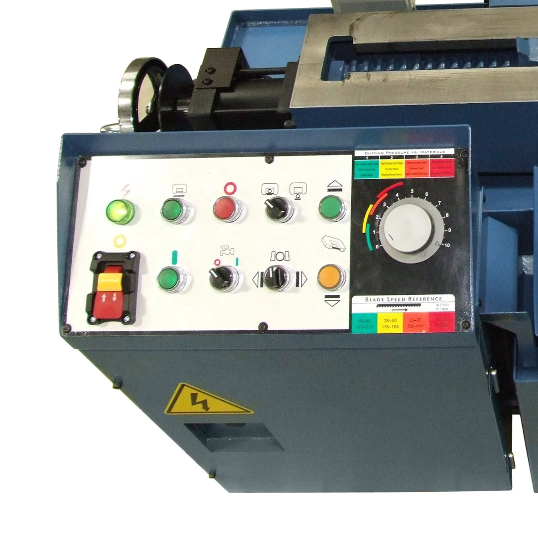 Operator control panel of Baileigh 14-Inch Semi-Auto Horizontal Bandsaw BS-360SA 1001582 featuring machine controls for semi-automatic cutting operation and productivity.
