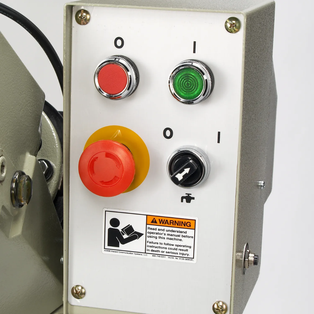 Operator control panel of the Baileigh 12.5-Inch Manual Cold Saw, 2.5 HP, 220V 1Ph (CS-315EU) 1002450 featuring start, stop, and emergency stop controls for safe operation.